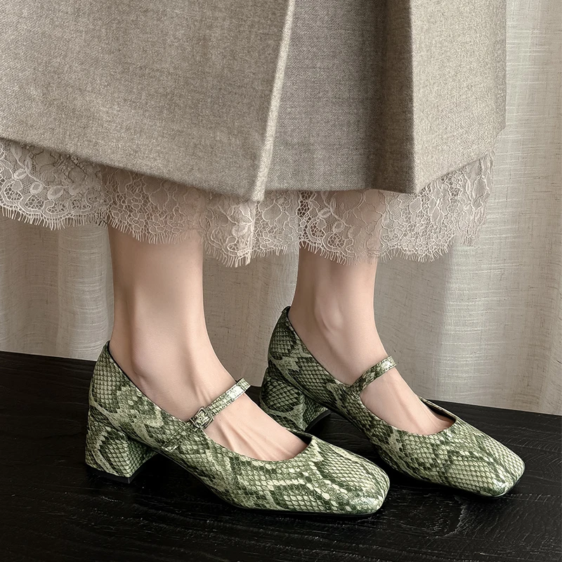 Handmade Customize Women Snake Pattern Cow Genuine Leather Work Pumps Square Toe Buckle Strap Office Lady High Heeled Shoes New