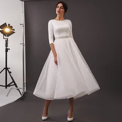 Customized Short Wedding Dress O Neck 3/4 Sleeves A Line Midi Wedding Gowns White Tulle Tea Length Beaded Simple Bridal Dresses