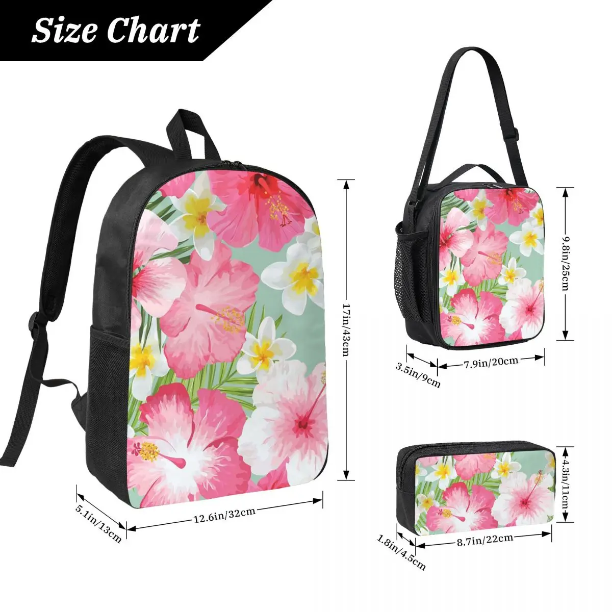 Tropical Hibiscus And Plumeria Flowers Backpack Boys Girls BookBag School Bag Shoulder Bags 3ps Insulated Lunch Bag Pencil Case