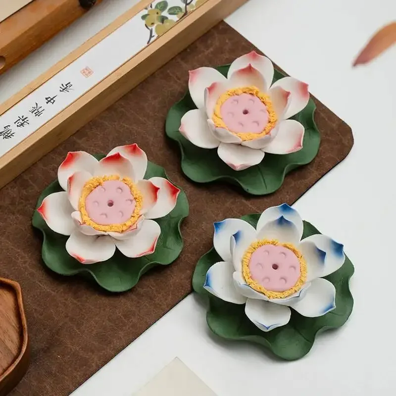Ceramic Handicraft Handmade Lotus Aroma Holder Censer Artificial Flower Water Lily Decorative Figurines Home Decoration