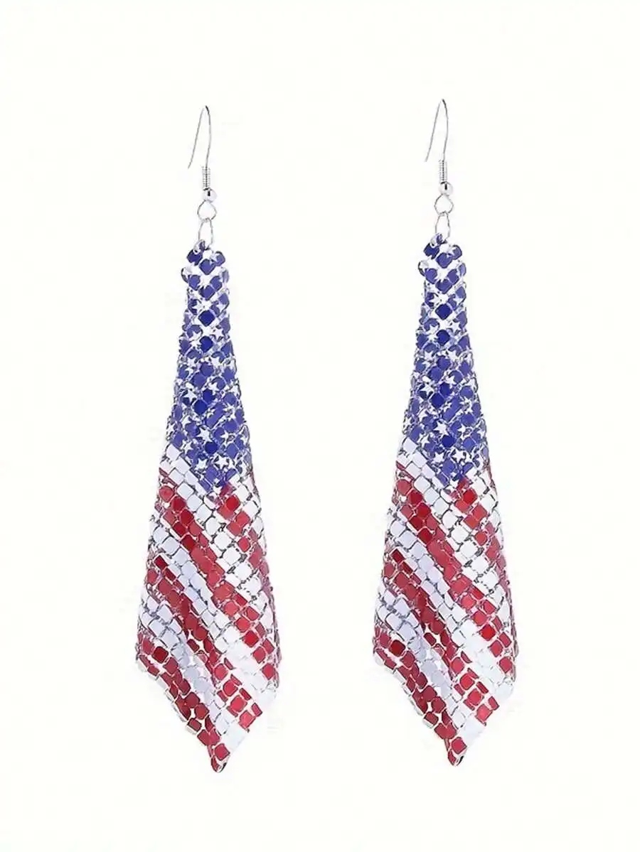 1 par de pendientes colgantes con diseño de bandera de EE. UU. de tela de red roja, blanca y azul, creativos y retro, para mujer, adecuados para la fiesta del 4 de julio, regalo