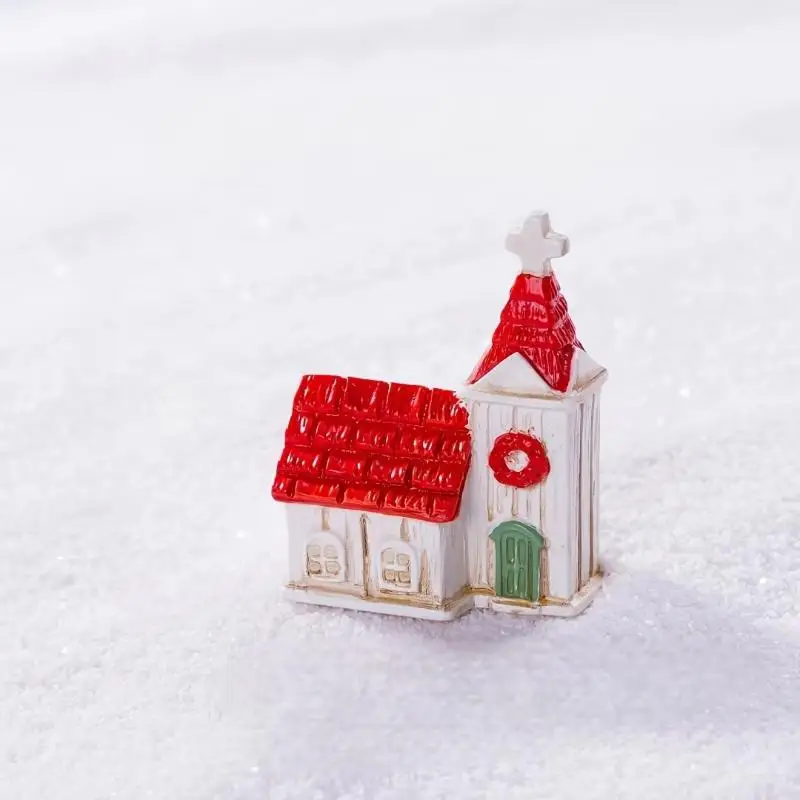 Green/Red Roof House Miniature Model Mini Resin Christmas Village Church Figurines Garden Scene Ornament Photography Prop
