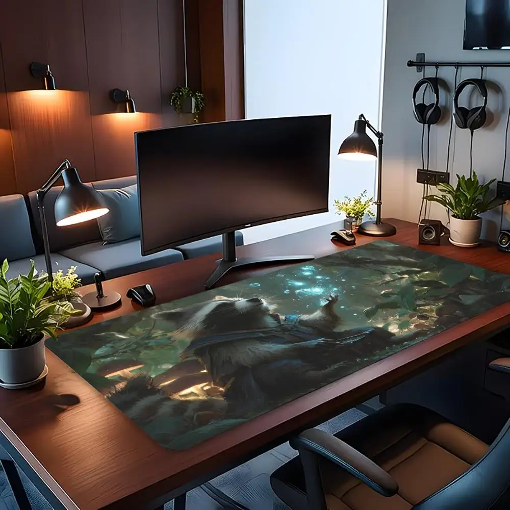 Dreamy Forest Raccoon Gaming Mats Desk Pad Large Mouse Pad Rubber Anti-Slip Edge Locking Office Mat PC Accessories Computer Desk
