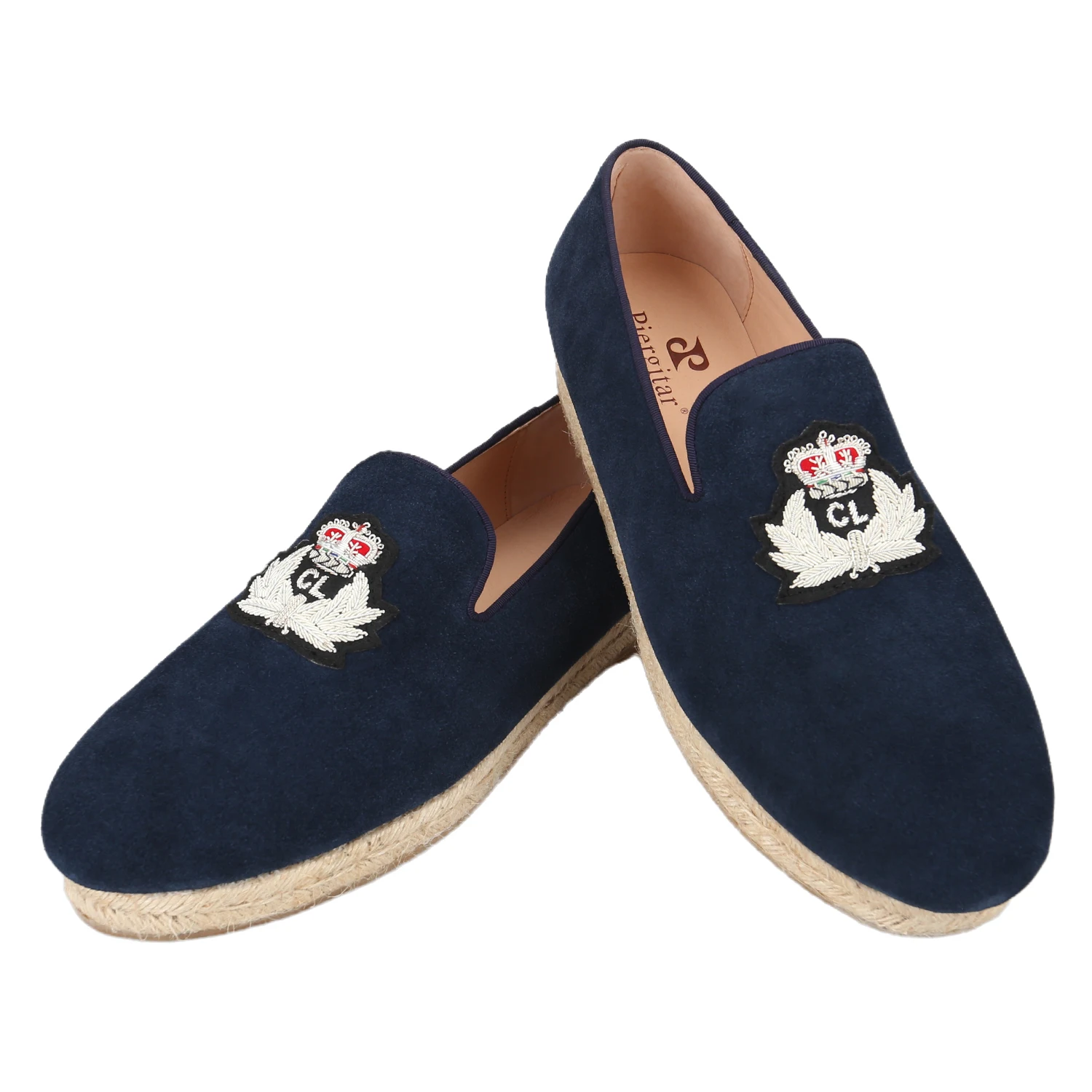 Piergitar Gold And Navy Suede Espadrilles With Royal-Inspired Bullion Patches Handcrafted Slip-On Fisherman's Shoes Rope Soles