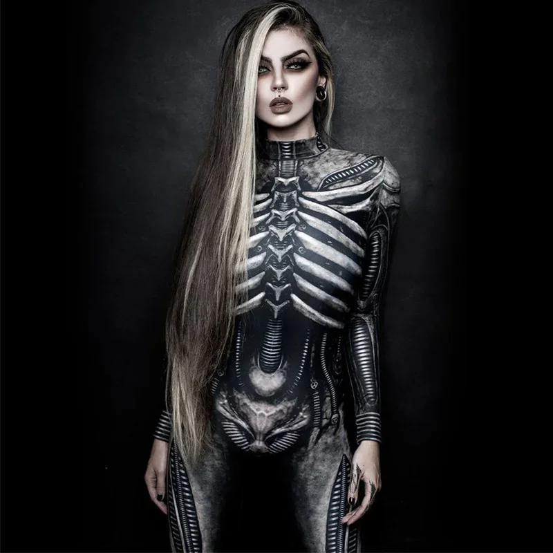 Halloween Cosplay Costume for Woman Digital Print Terror Scary Skeleton Jumpsuit Female Sexy Carnival Party Performance Tights