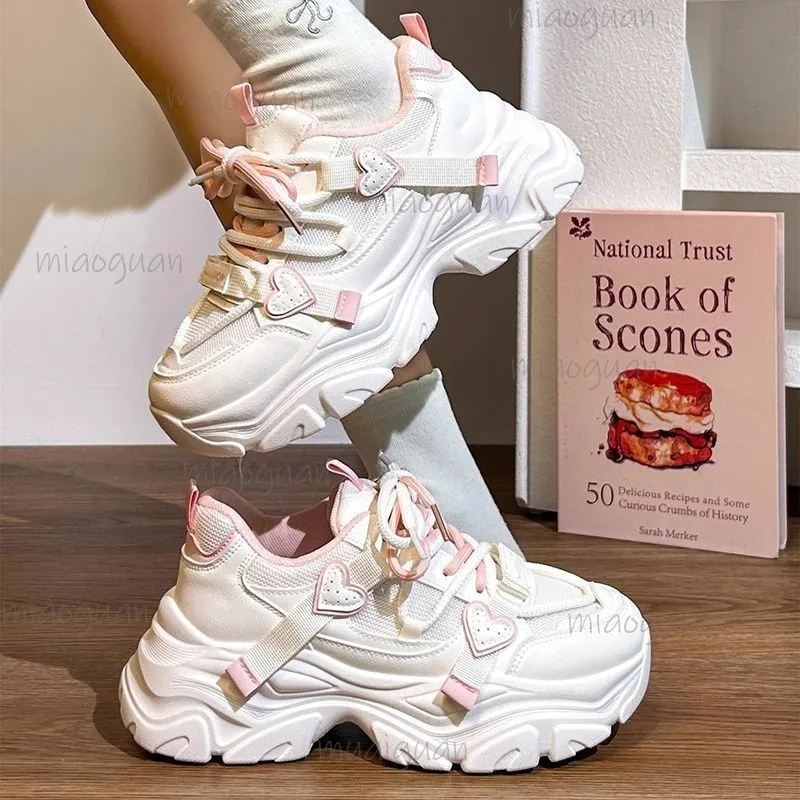 Women's Kawaii Heart Decor Chunky Platform Sneakers Colorblock Dad Shoes Breathable Mesh Lace-Up Height Increasing Shoes Size 40