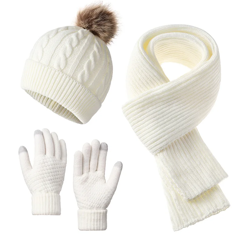 Sarung Tangan Musim Dingin Wanita, Syal, Topi Rajut Bola Wol