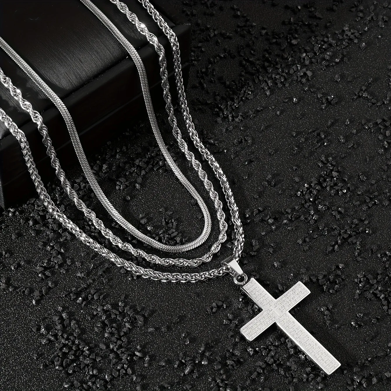 

Corroded Scripture Cross Necklace for Men Boys,Never Fade Stainless Steel Twisted Rope Chain Collar,Christian Jewelry Set