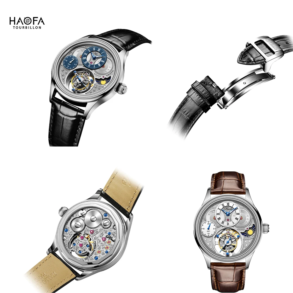 Haofa Luxury Flying Tourbillon Mens Watch GMT Manual Mechanical Watch for Men Sapphire Day And Night Waterproof Casual 1036-1