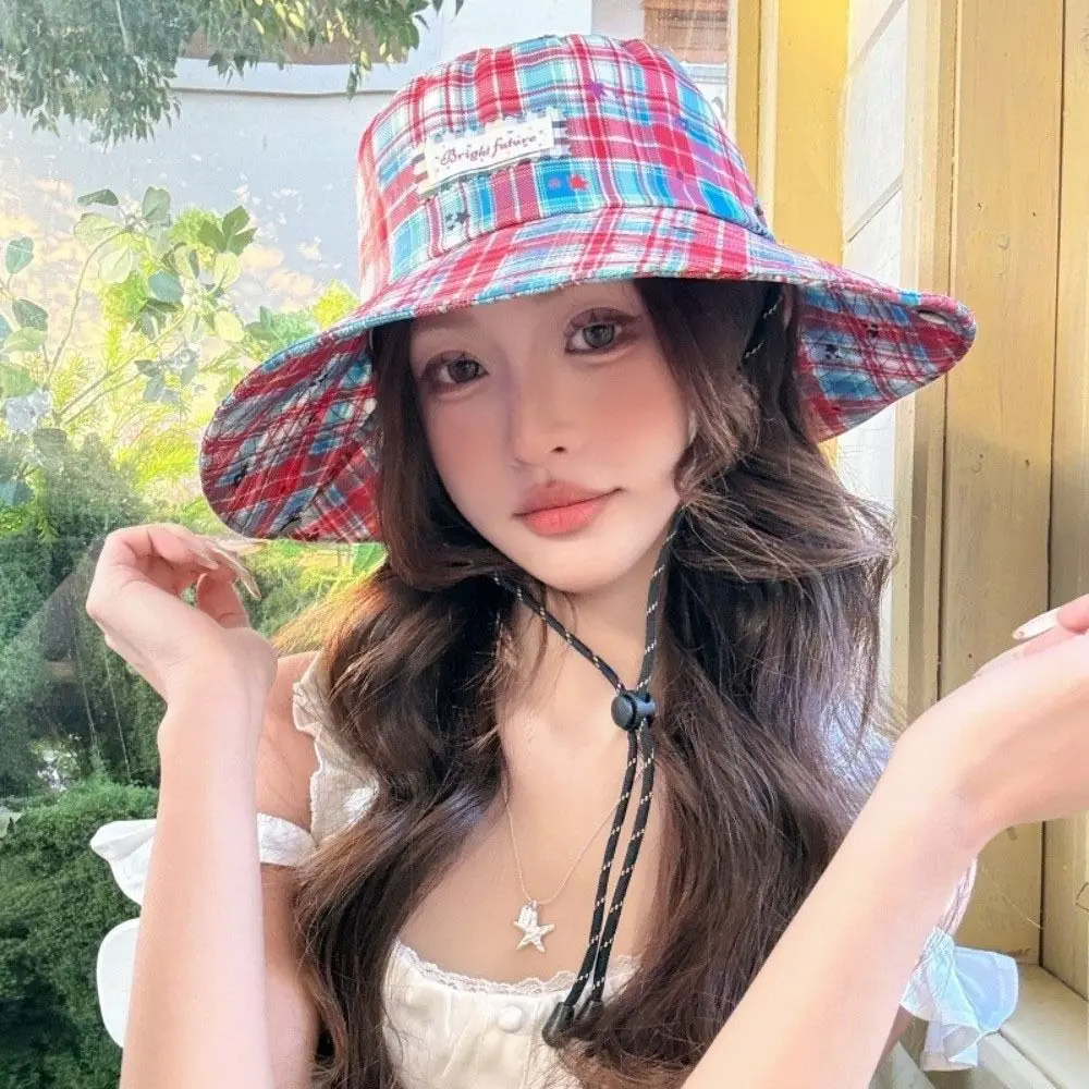 

Fashion Star Women Sun Hat Wide Brim Breathable Plaid Fisherman Hat Sun Protection Japanese Style Sunscreen Bucket Hat Riding