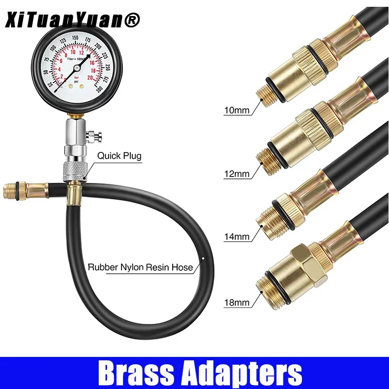 0-300PSI Gasoline Engine Compression Tester Kit Auto Petrol Gas Engine Cylinder Pressure Gauge with M10 M12 M14 M18 Adapter