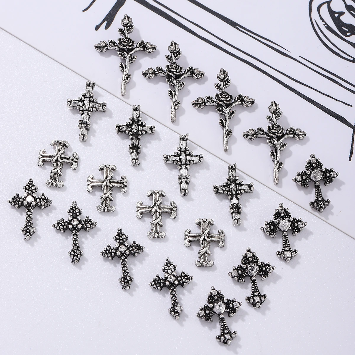 50pcs ancient silver punk wind cross nail decoration, alloy rhinestone, y2k metal style DIY nail styling decoration