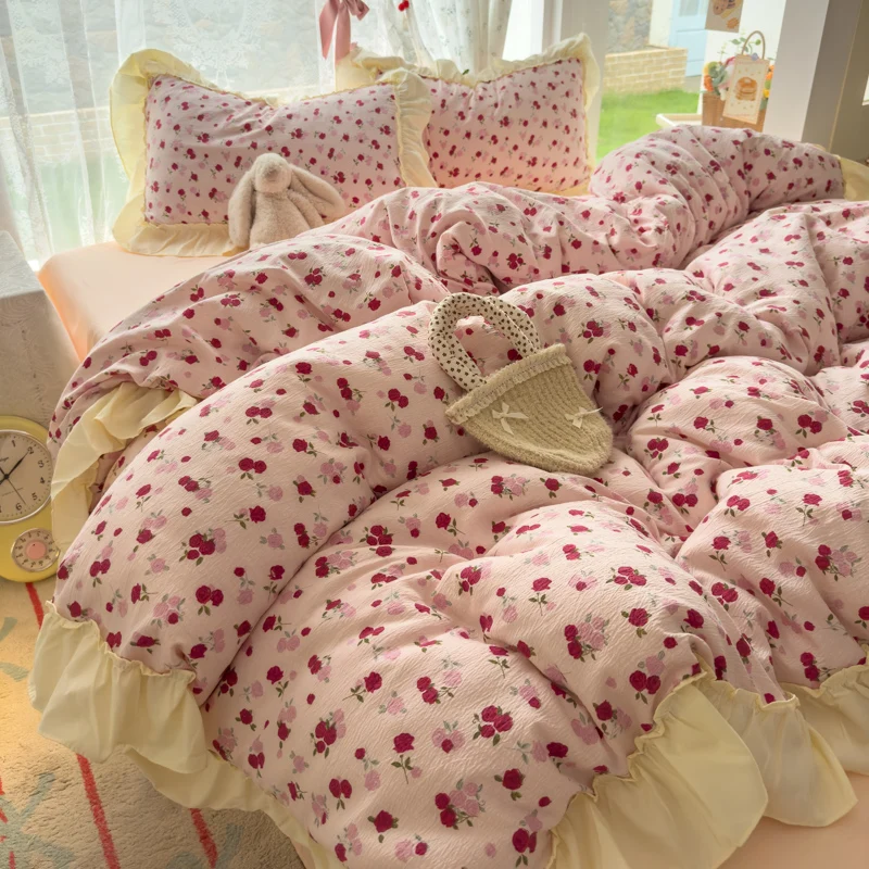 1pc French Style Duvet Cover with Lace Single/Full/Queen Size Flower Printed Quilt Cover Ruffles Style housse de couette
