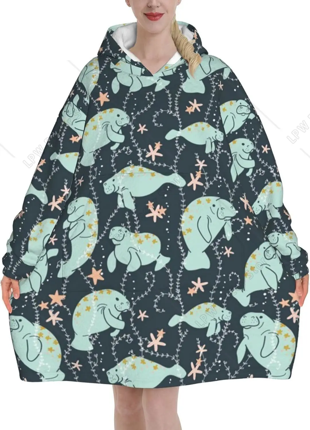 

Ламантинские животные для взрослых, фланелевое носимое плюшевое одеяло с карманами, ультрамягкая плюшевая теплая толстовка