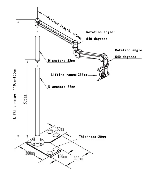 360 Rotation Flexible long arm Height adjustment medical monitor tablet floor stand