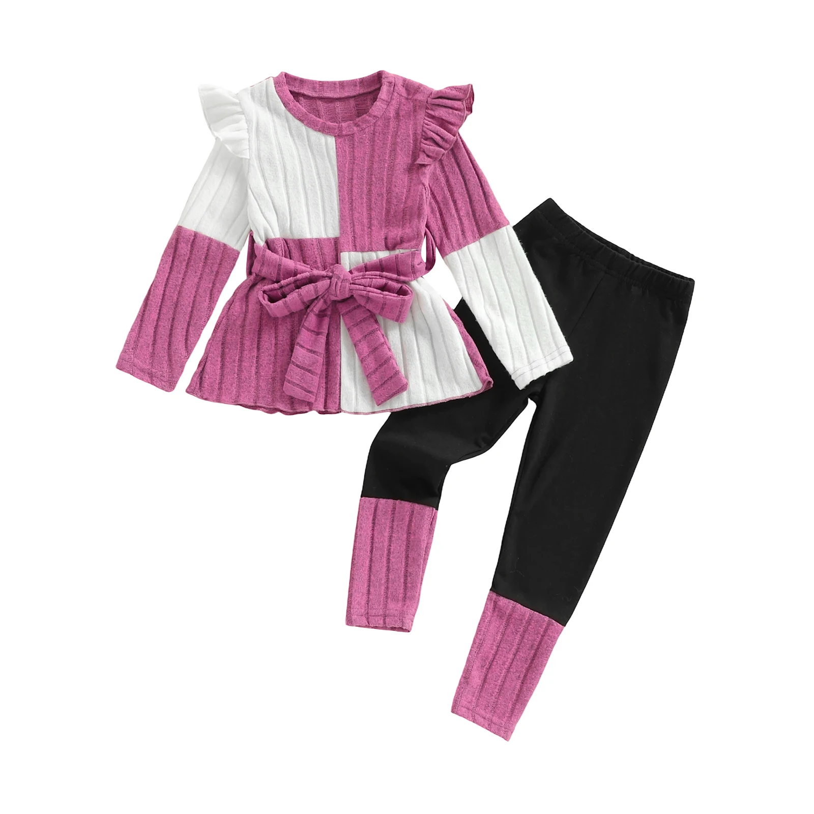 طقم ملابس تريكو للفتيات الصغيرات مع بنطال وحزام برقبة دائرية مكشكشة - مجموعة مكونة من 3 قطع بألوان متباينة