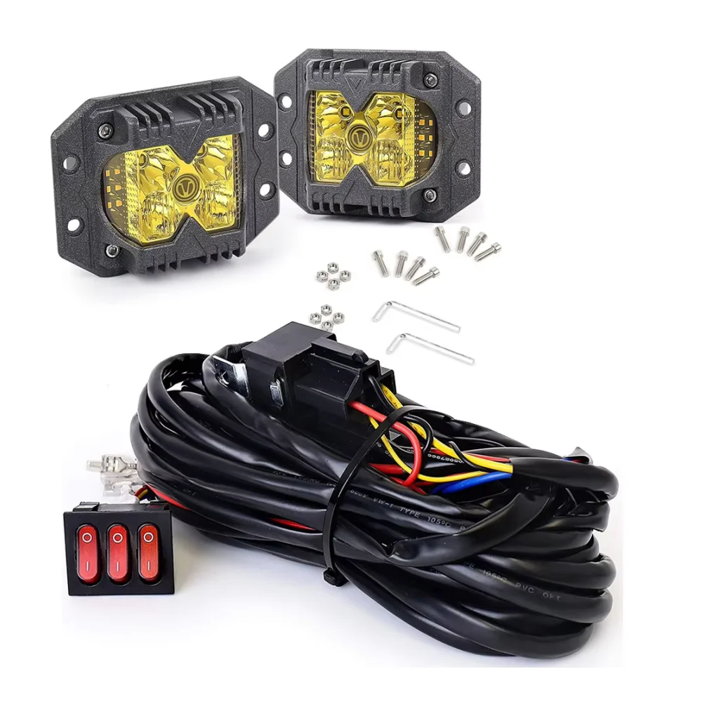 MOVOTOR Flush Mount Yellow Lens Work Light With Amber Solid Strobe Side Light Wiring Harness For Off Road Vehicle