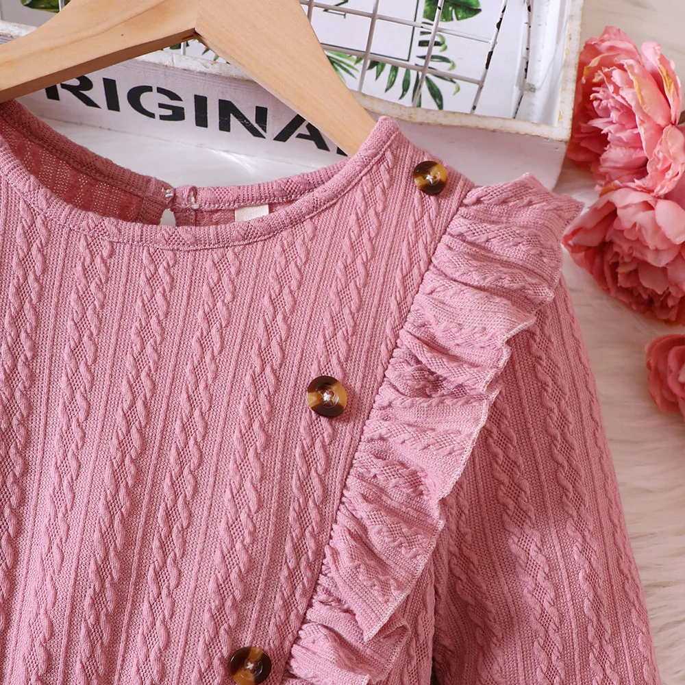 2023 Winter New Girls Dress Long Sleeve O Neck Ruffles Button Pink Cute Designer Girls Princess Dress Vestido 12M-5T