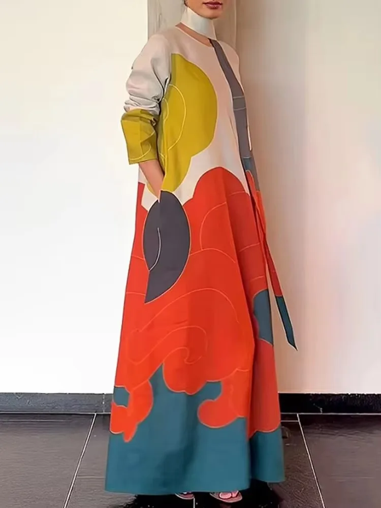 2023 herbst Stilvolles Kleid für Frauen Rundhals Lange Ärmel Lose Maxi Kleid mit Schal Weibliche Casual Gedruckt Party Kleider