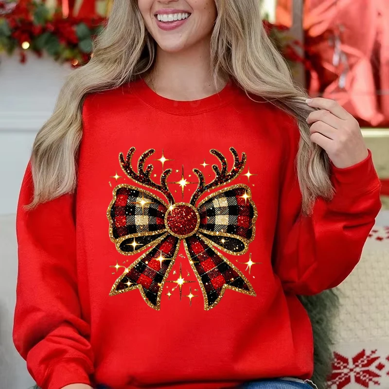 Sweat-shirt à manches longues pour femmes, avec nœud de renne de noël, nouvelle mode, hauts pour tenue, pull décontracté pour fête de joyeux noël