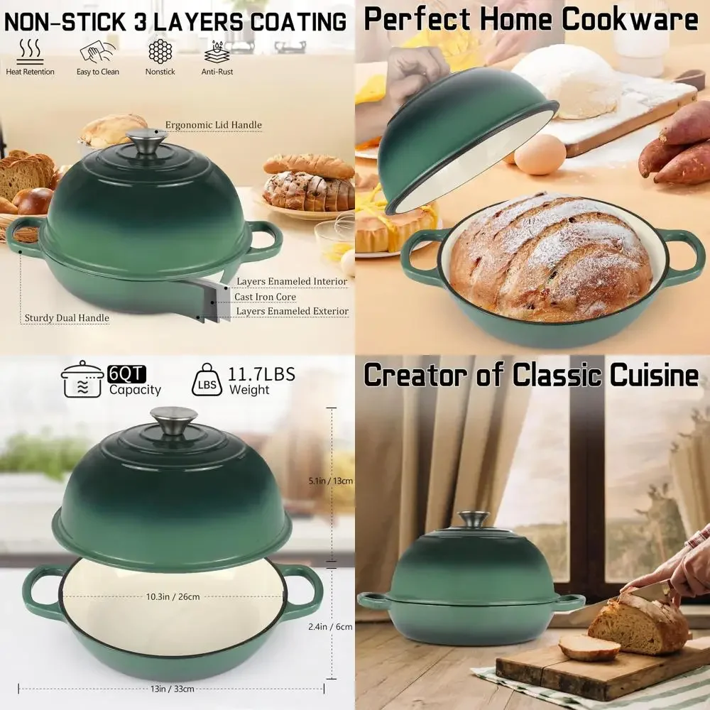 

Green 10 Enamel Cast Iron Dutch Oven, 6-Quart Sourdough Bread Baker with Dome Lid, Non-stick Cookware for Homemade Bread