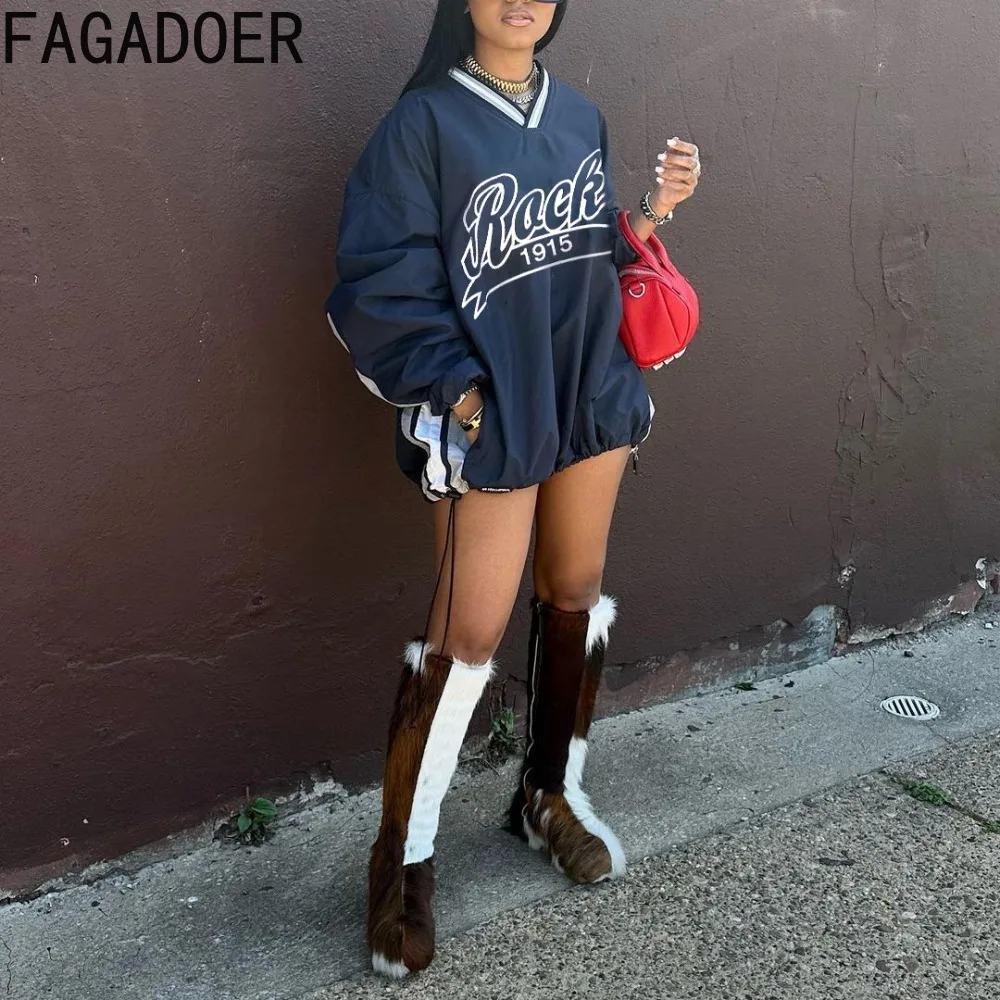 FAGADOER Retro Y2k Letter Print Oversized Sweatshirt Women V-Neck Long Sleeve Drawstring Loose Hoodies Tops Autumn Streetwear