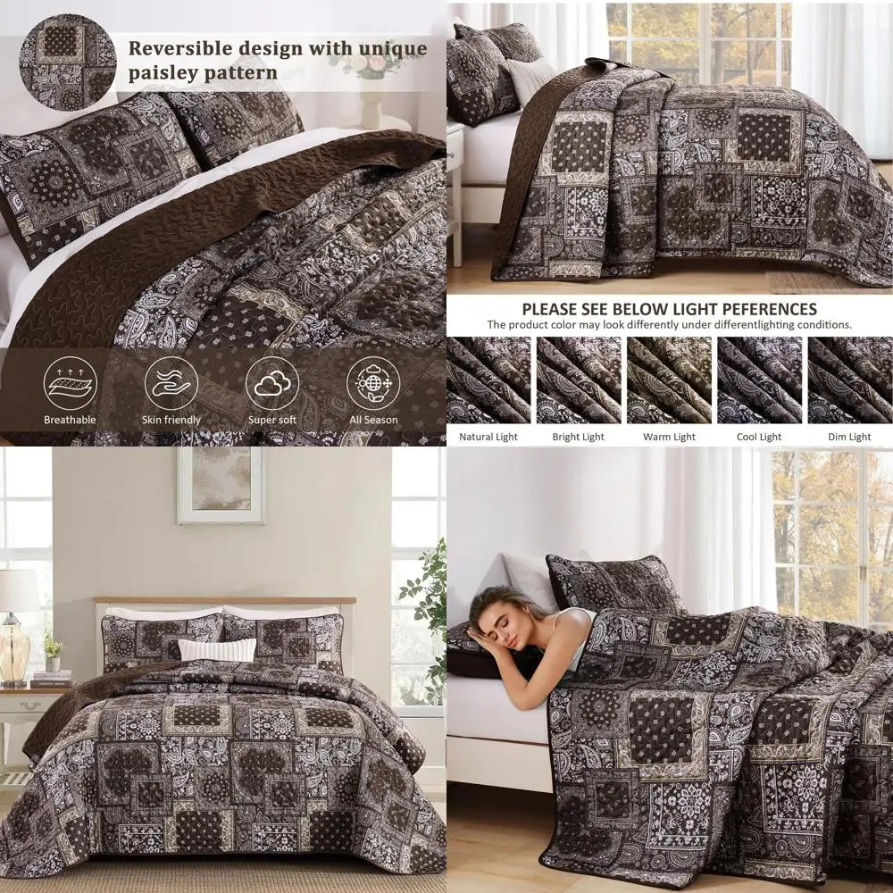 

Комплект стеганого одеяла в стиле пэчворк коричневого цвета, размер Queen, 3 предмета, в стиле бохо с узором пейсли, покрывало в стиле кантри, комплект постельного белья из микрофибры или для любого сезона