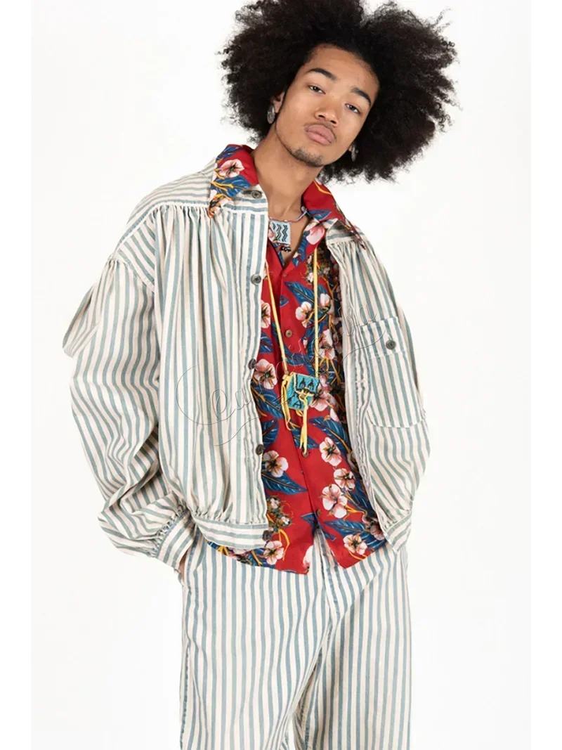 22AW KAPITAL Hirata Hongri Trendy Coats Men's and Women's Cotton Linen Striped Casual Cardigan Jacket