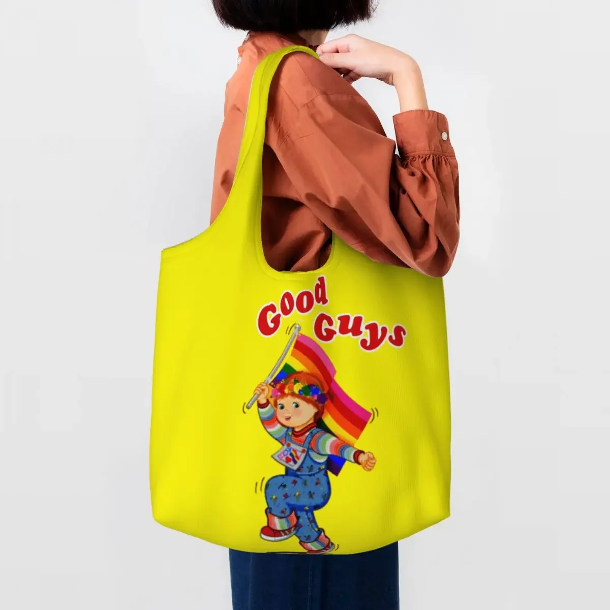 Good Guys Pride Grocery Tote Shopping Bags Women Cartoon Child's Play Chucky Canvas Shoulder Shopper Bags Big Capacity Handbags