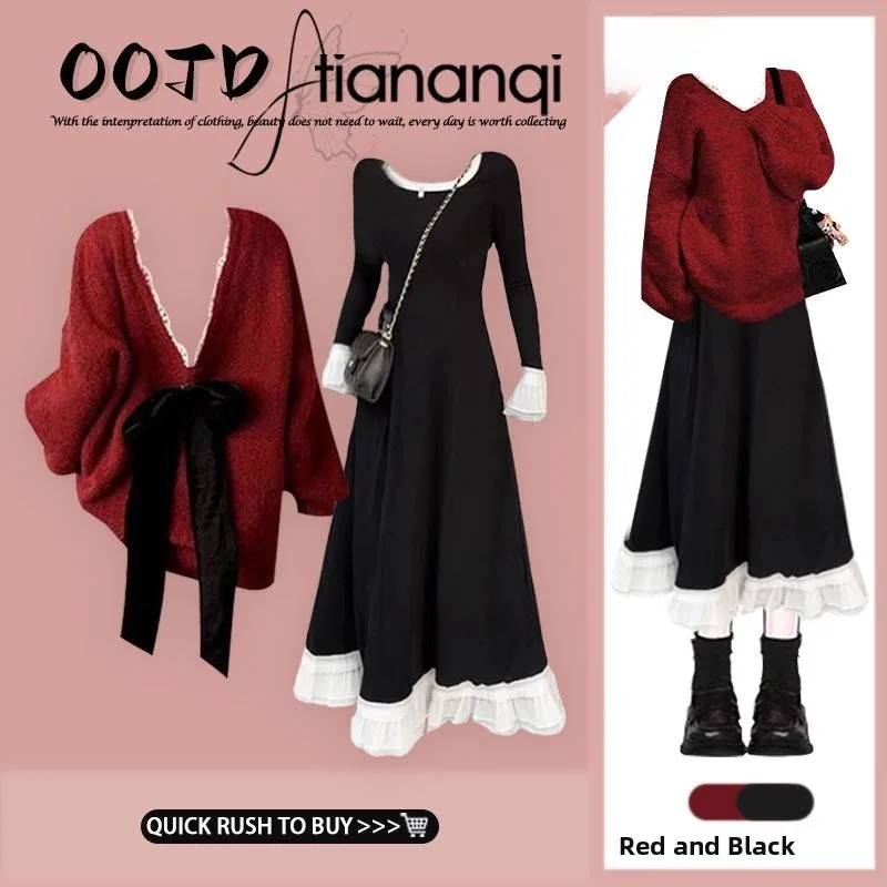 

Вязаный свитер с узлами Ele Knot Design для женщин, осенне-зимний, новый, в стиле Хепберн, с рюшами, модный комплект из двух предметов