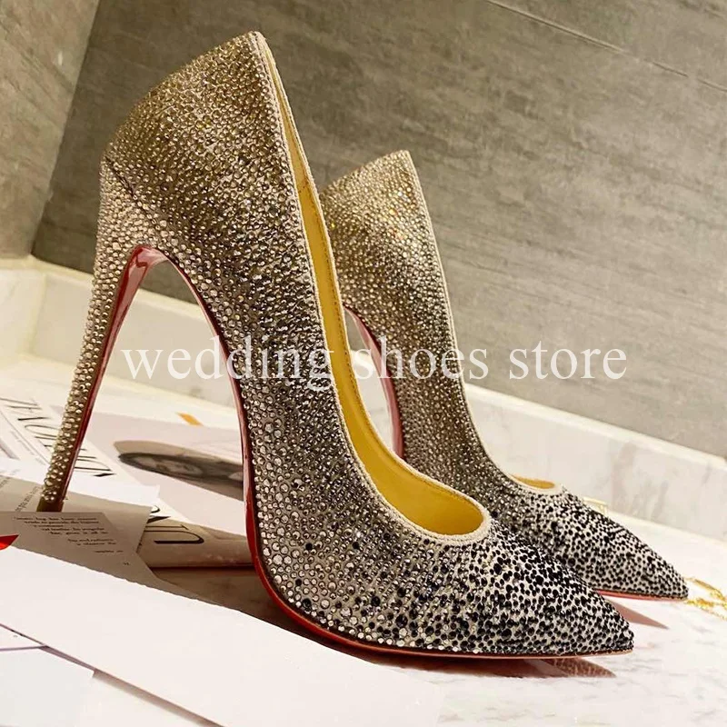 Rhinestone Multicolor High Heels Leather Stiletto Women Sexy Pointy High-heeled Wedding Shoes Fashion Luxury Party Prom Shoes