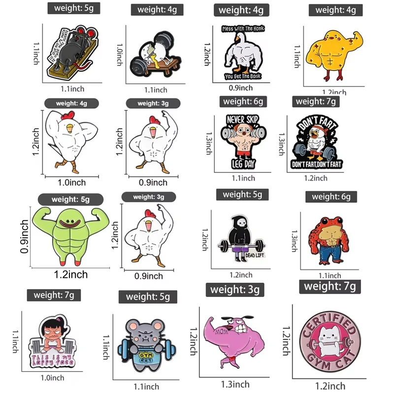 Anime Fitness Animals Muscle Mouse Enamel Pins Rooster Frog Egg Fitness Weight Lifting Brooches Bag Lapel Badge Fun Jewelry Gift