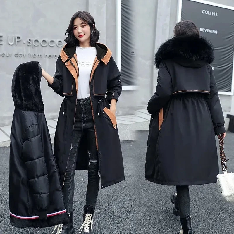 2023 New Women's Thick Warm Fur Lining Long Parkas Winter Jacket Fur Collar Hooded Coat Casual Detachable Parkas Mujer