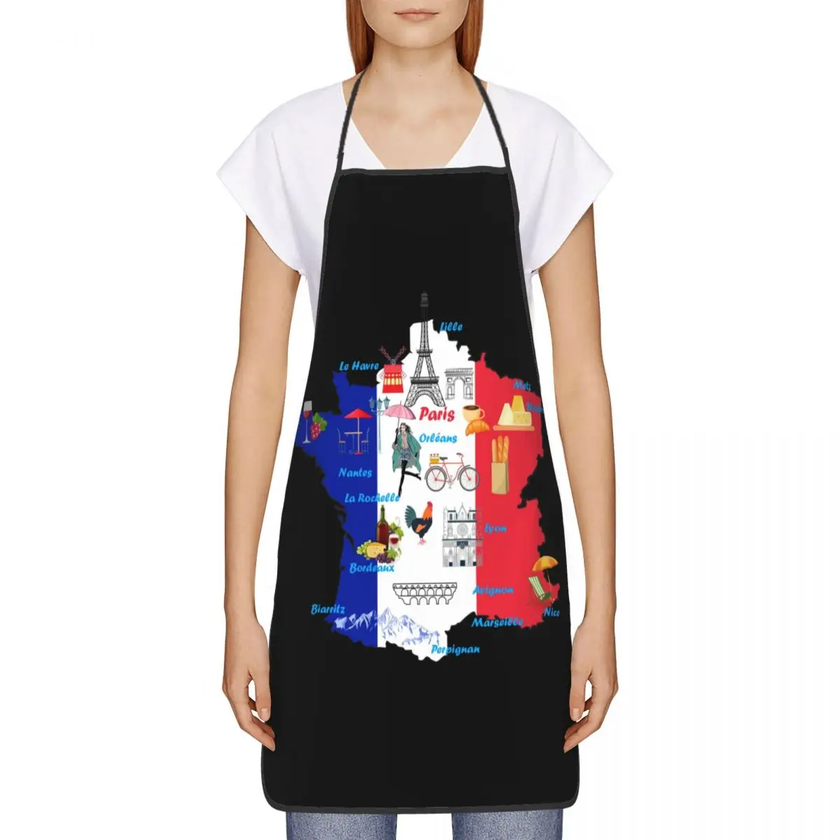 Funny France Map Tourist Attractions Flag Bib Aprons Women Men Unisex Kitchen Chef Tablier Cuisine for Cooking Baking Gardening