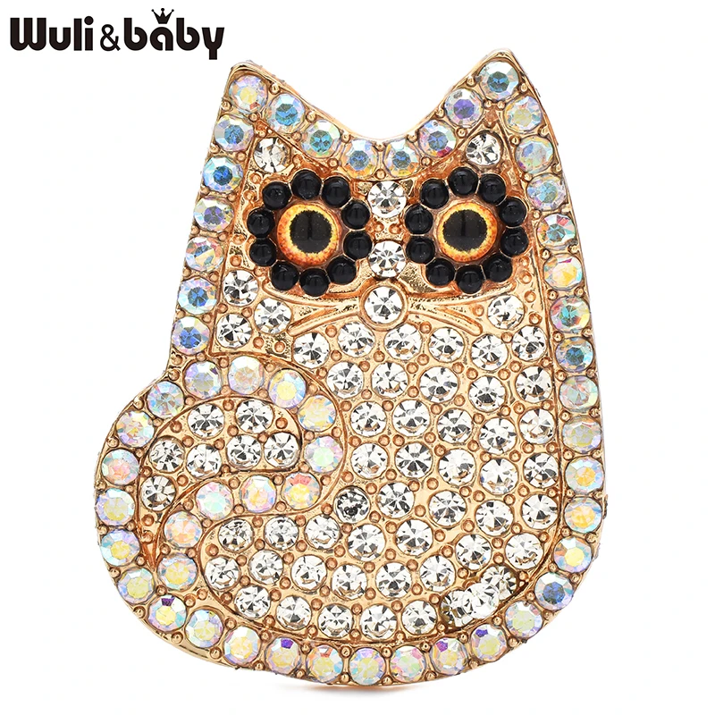 Wuli&baby Cute Shining Cat Brooches For Women Unisex 2-color Rhinestone Animal Party Casual Clothes Backpack Brooch Pins Gifts