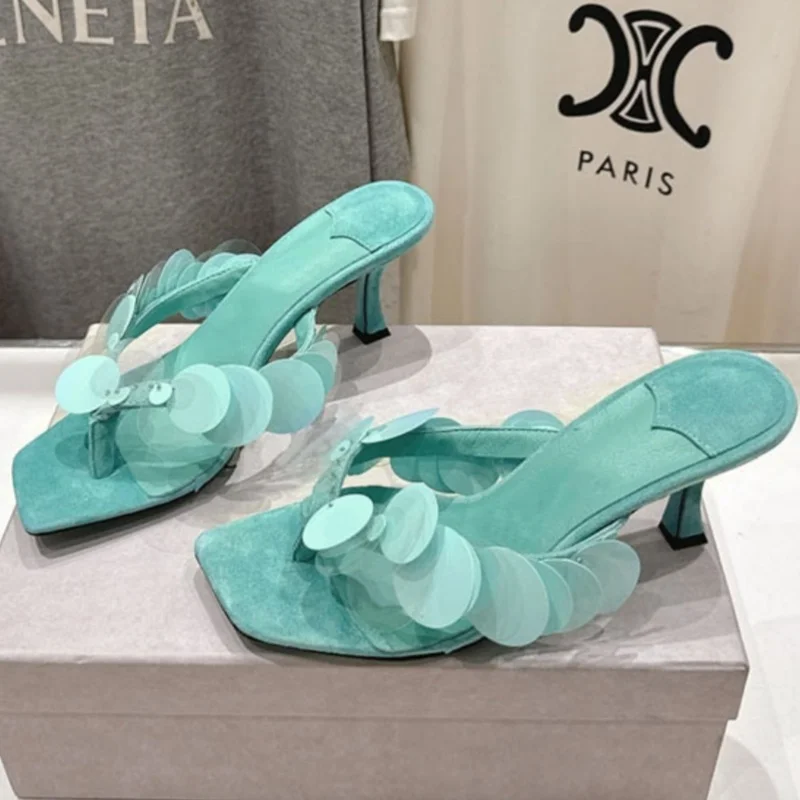 

Зеленые замшевые сандалии цвета морской волны. Женская обувь. Туфли-лодочки Zapatos на высоком каблуке. Мюли для свадебной вечеринки. Тапочки с открытым носком. Пляжные летние шлепанцы.