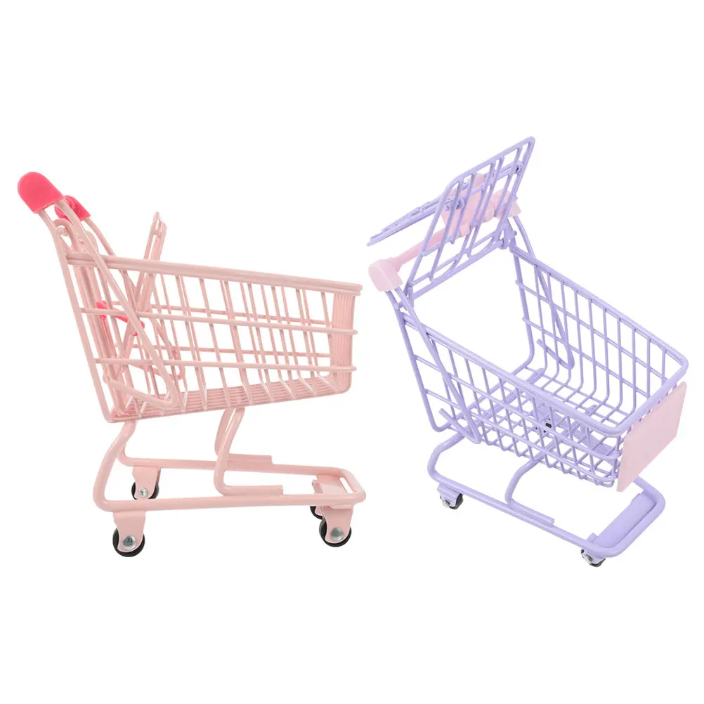 

2 Pcs Shopping Cart Ornaments Trolley Toy Mini Grocery Kid Truck Iron with Wheels for Kids Child