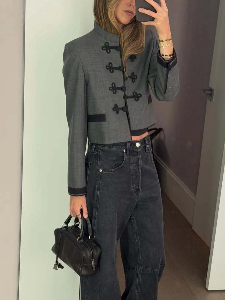 HH Fashion Military Style Cropped Blazer Women 2026 Elegant Spring Autumn Stand Collar Long Sleeve Knot Button Business Jacket
