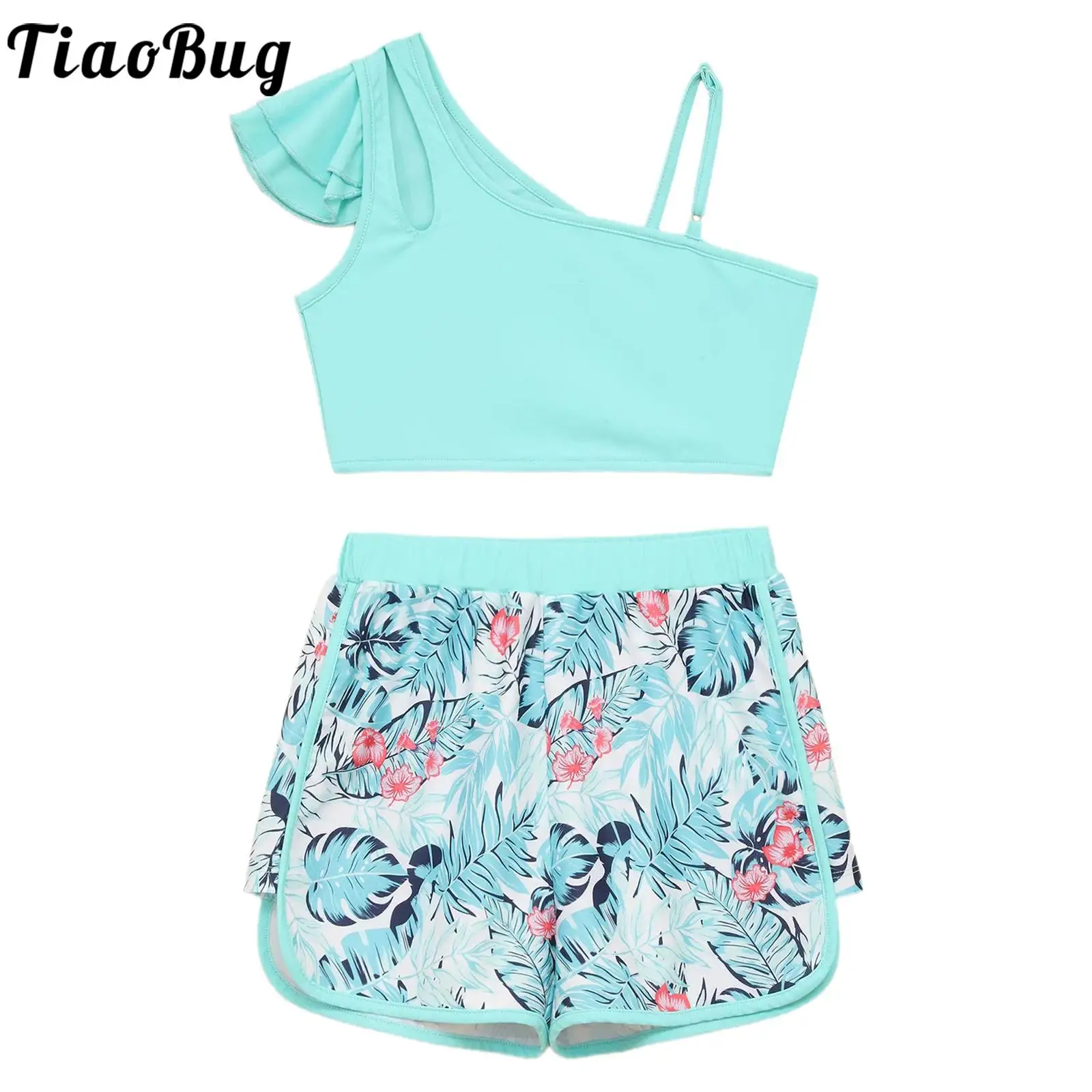 Kids Girls 2 Pieces Swimsuit Asymmetrical Shoulder Swim Tank Tops with Tropical Print Shorts Pool Beach Swimwear Bathing Suit