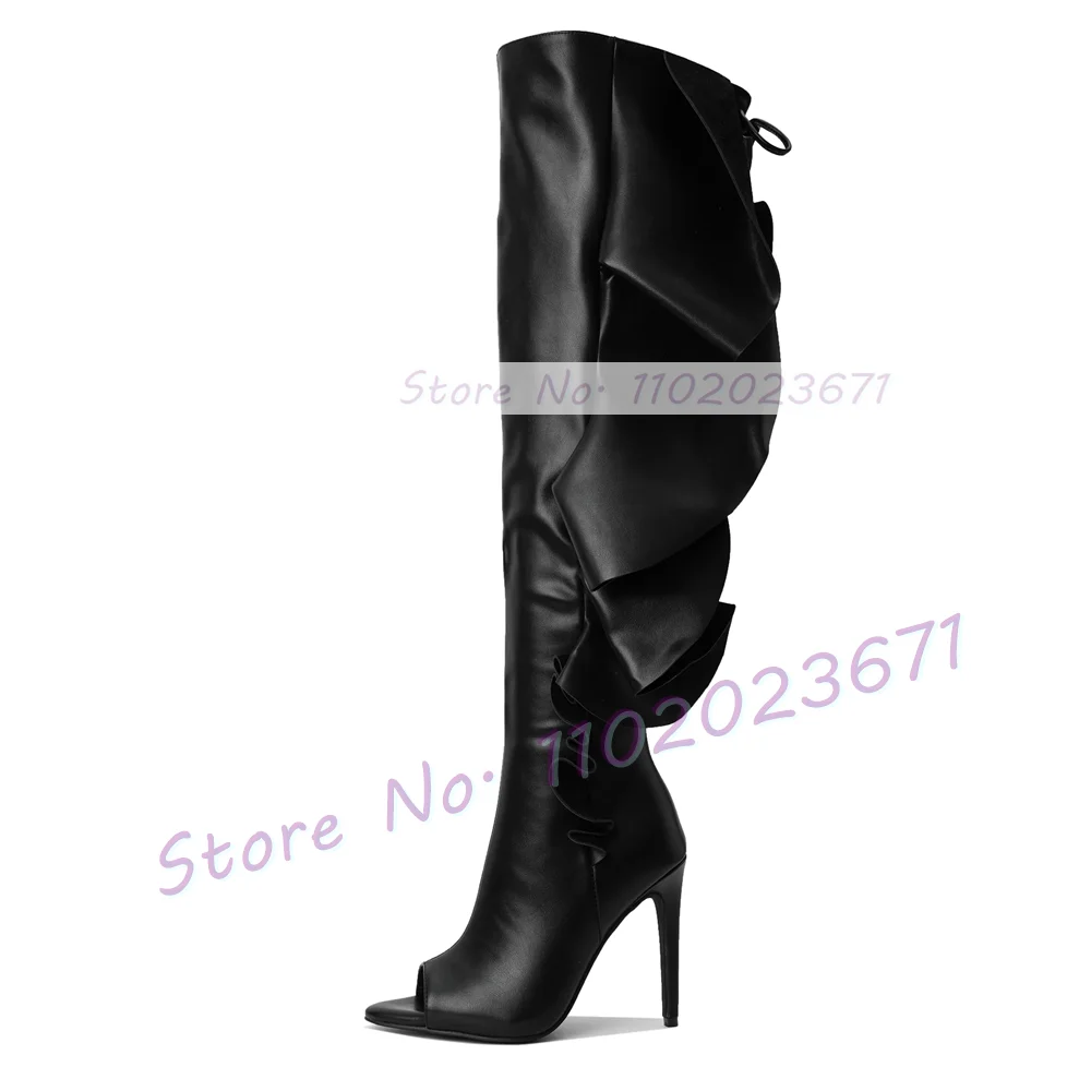 Peep Toe Thigh High Boots With Cascading Accessory Women Striking Pointed Toe High Heel Shoes Ladies Side-zip Puttee Black Boots