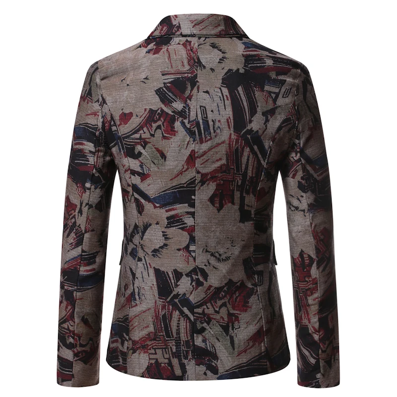 Vintage Printed Formal Blazer Men Fashion V-Neck Slim Fit Floral Blazers Costume Homme Casual Single Button Mens Suit Jackets