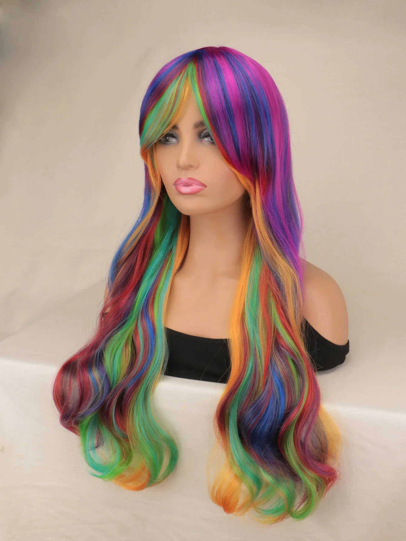 Rainbow Color Long Curly Hair Wig for Women Girls with Bangs Cosplay Party Costume Accessory Perfect for Halloween