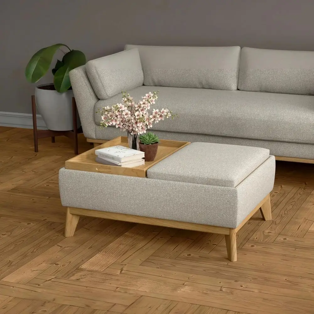 Otomana de almacenamiento color canela con bandeja reversible, reposapiés rectangular para uso en sala de estar y dormitorio