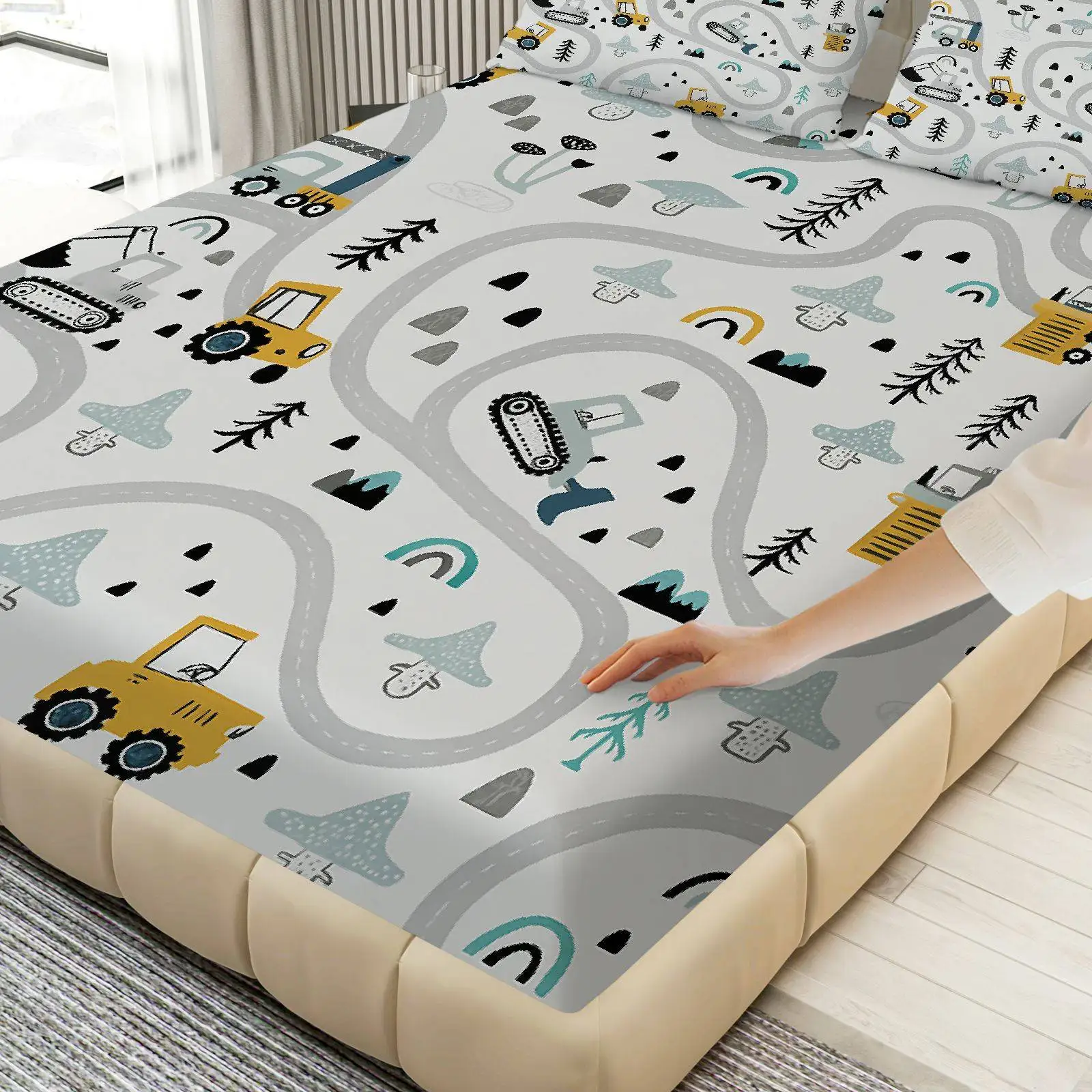 3-Piece Mattress Protector Set, 2D Flat Print Fitted Sheet, Road Trip Adventure Fitted Sheet Set with Fun Themes, Construction Site Bedding Set, Mattress Protector