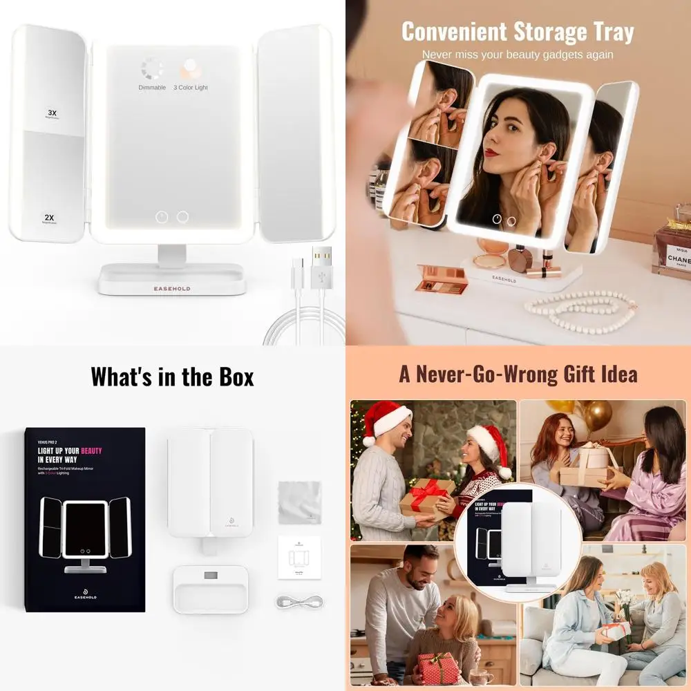 مرآة زينة مضيئة مع 116 مصباح LED، ضوء ثلاثي الألوان، بطارية 5000 مللي أمبير في الساعة، تكبير 1X/2X/3X، سطوع وزاوية قابلة للتعديل #1