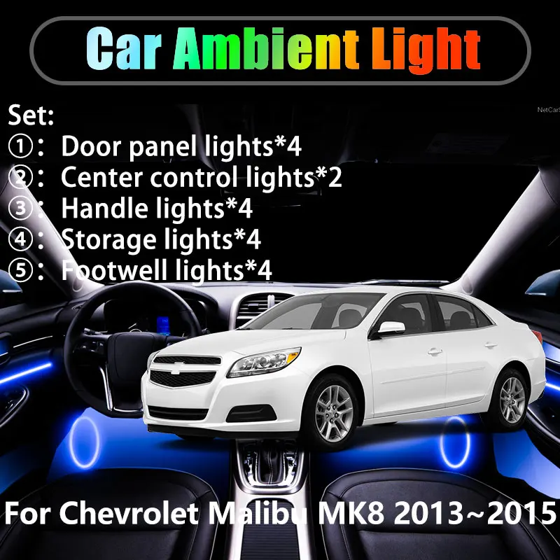 

Для Chevrolet Malibu MK8 2013 ~ 2015 2014 2/18 в 1 Автомобильное окружающее освещение Светодиодные внутренние светодиодные фонари багажника USB RGB Ensemble Streamer