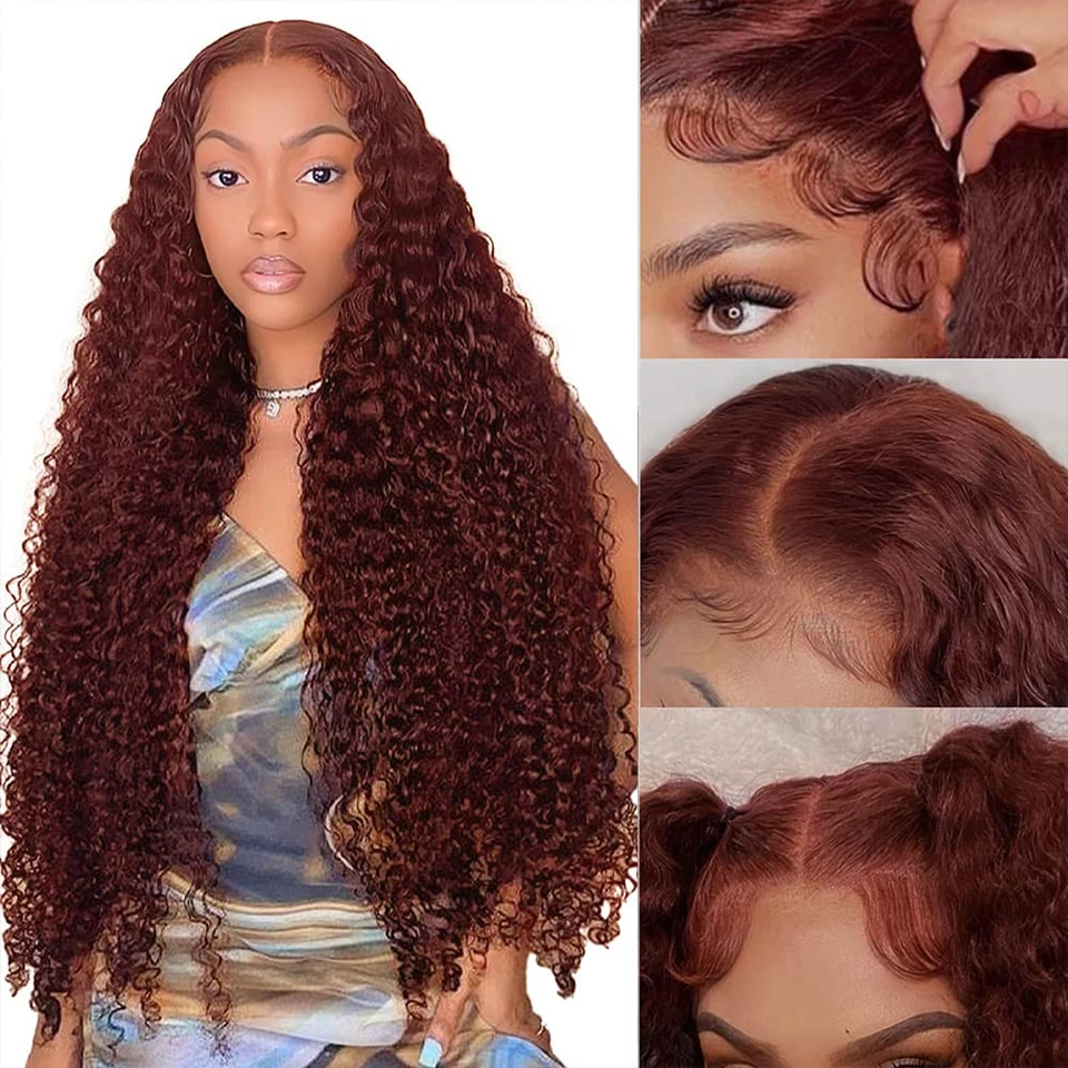 40 Inch Reddish Brown 360 Frontal Wig Deep Curly Wig Human Hair 5x5 HD Lace Closure Wig Stunning 33B Reddish Brown Wig for Women