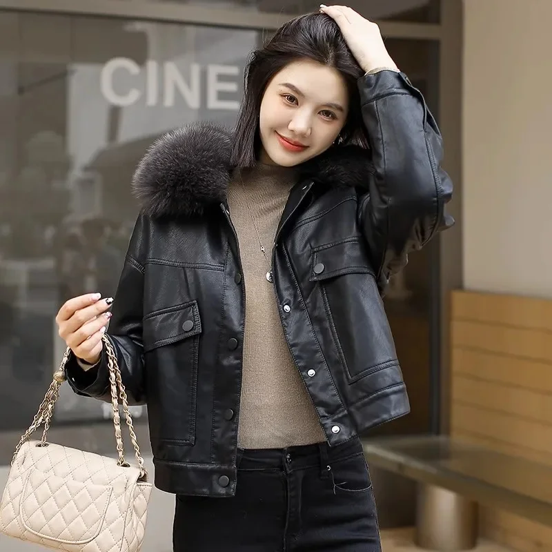 Winter Leather Jacket Women Short Coat Fleece Lining Thicken Warm PU Outerwear Rabbit Fur Jackets Ladies Velvet Tops Loose Coats