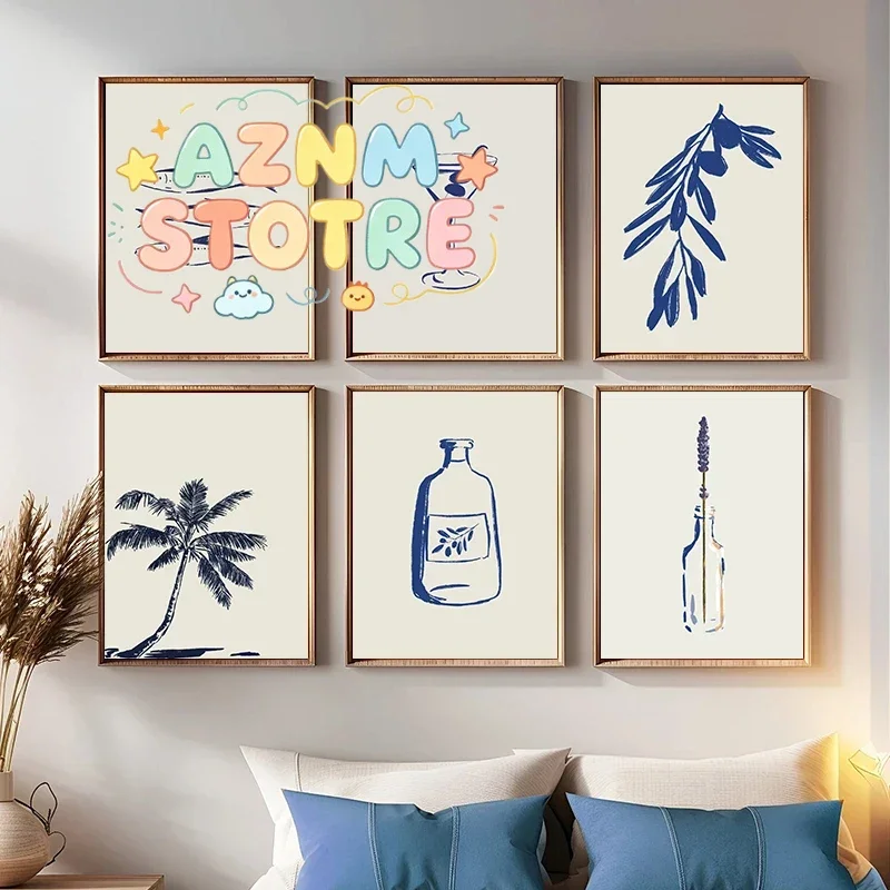 Cartoon Simple Blue Lines Seaside Coconut Shell Wine Bottle Fish Flowers Poster Canvas Painting Wall Art Pictures Home Decor