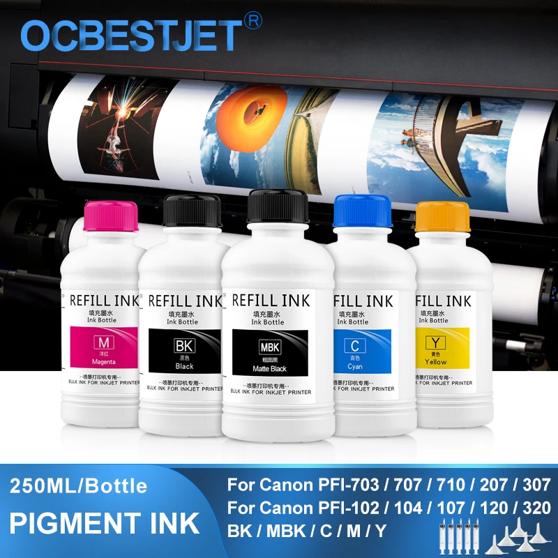 5×250ML Pigment Ink For Canon PFI-107 120 320 PFI-102 PFI-707 PFI-710 TM-200 TM200 TM-205 TM-300 TM-305 iPF670 iPF680 Refill Ink